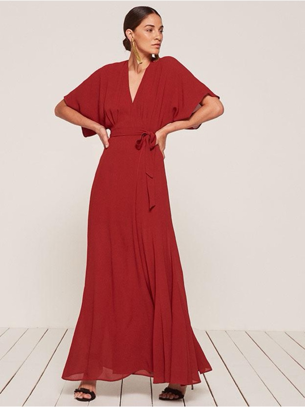Reformation Winslow Red Wrap Maxi Dress with Tie Waist